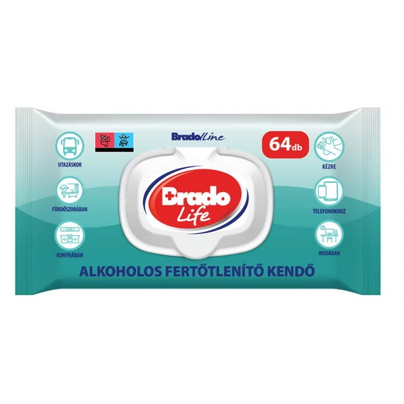 Bradolife fertőtlenítő kendő 64db kupakos
