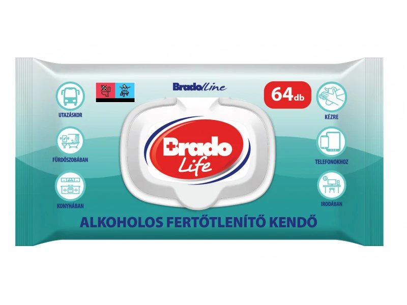 Bradolife fertőtlenítő kendő 64db kupakos
